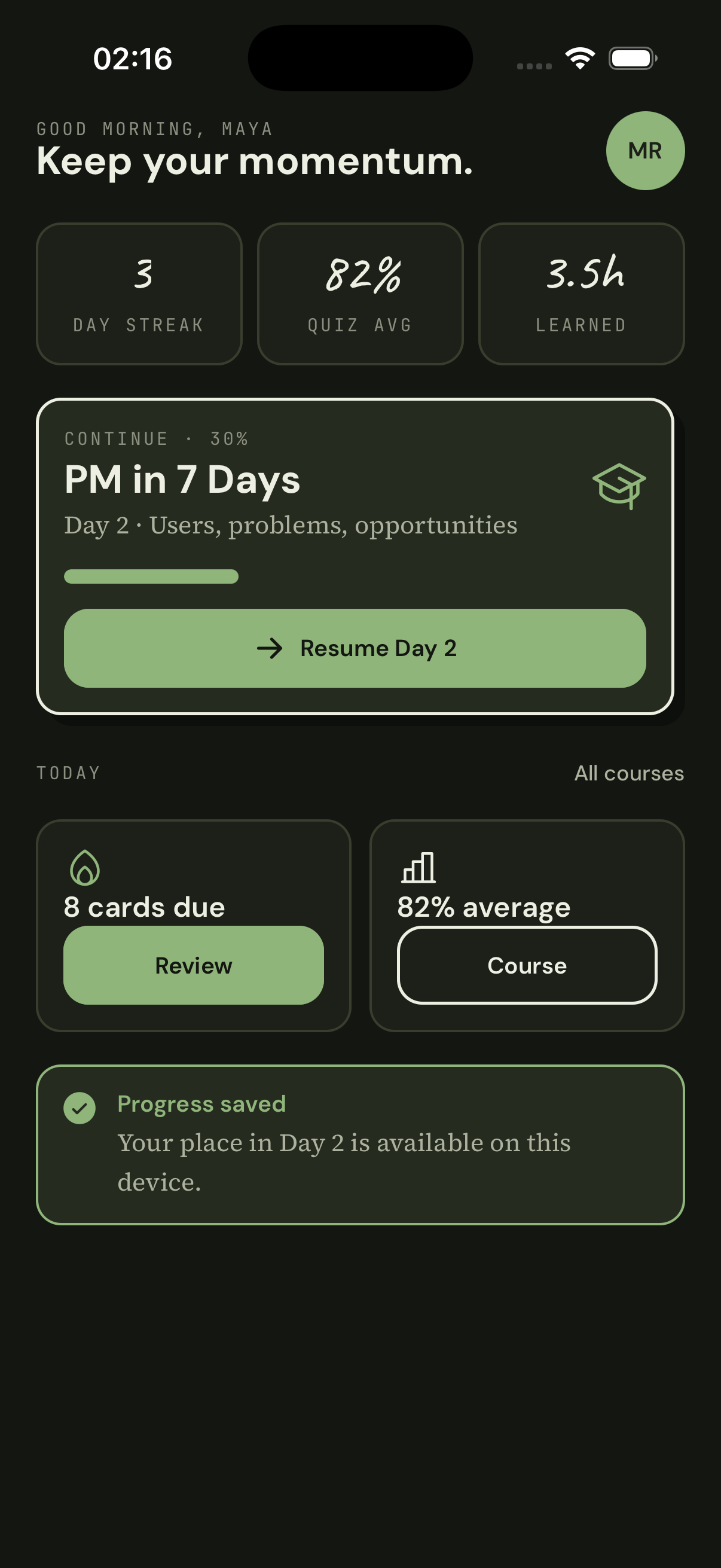 Question Avenue progress dashboard showing a current course, review cards due and learning progress.
