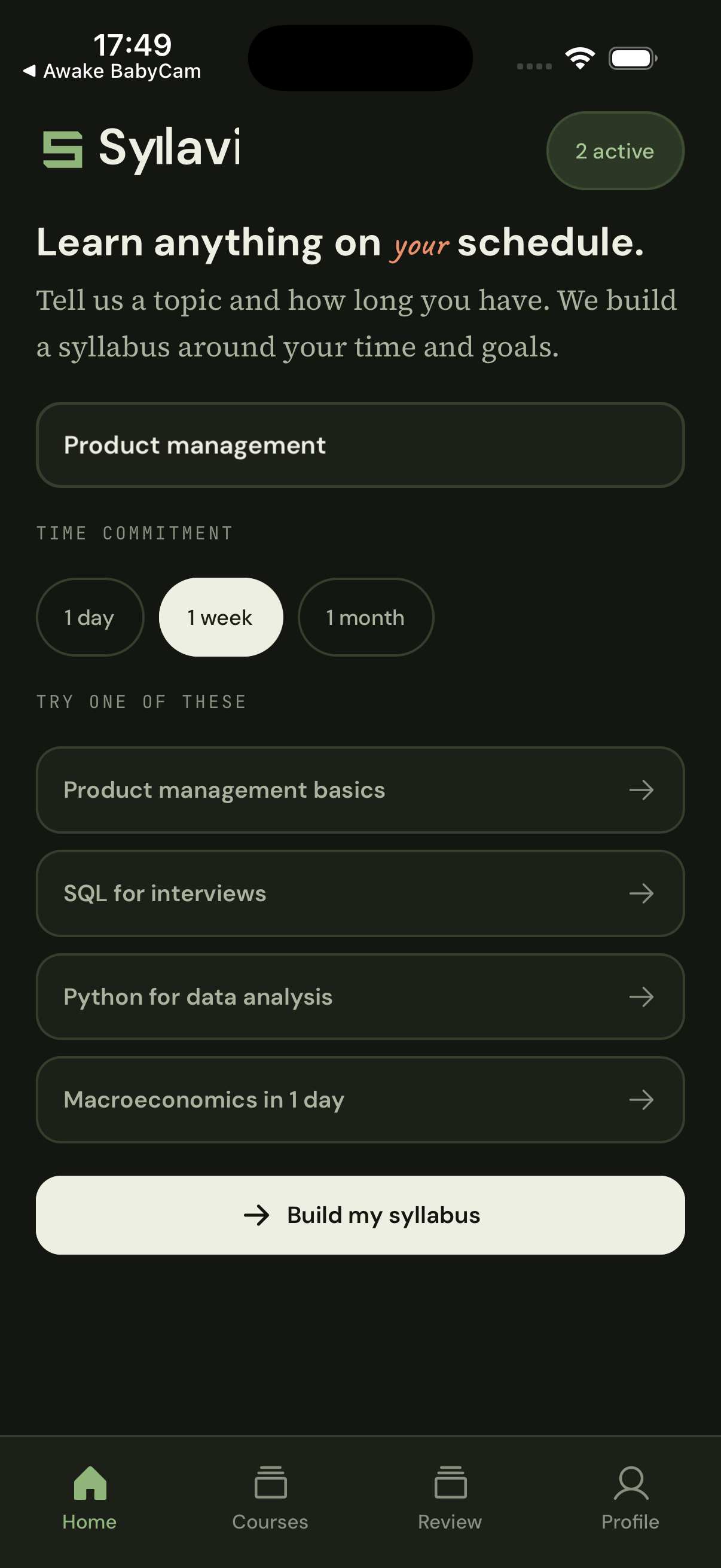 Question Avenue app home screen showing a product management learning goal and a one-week time commitment.