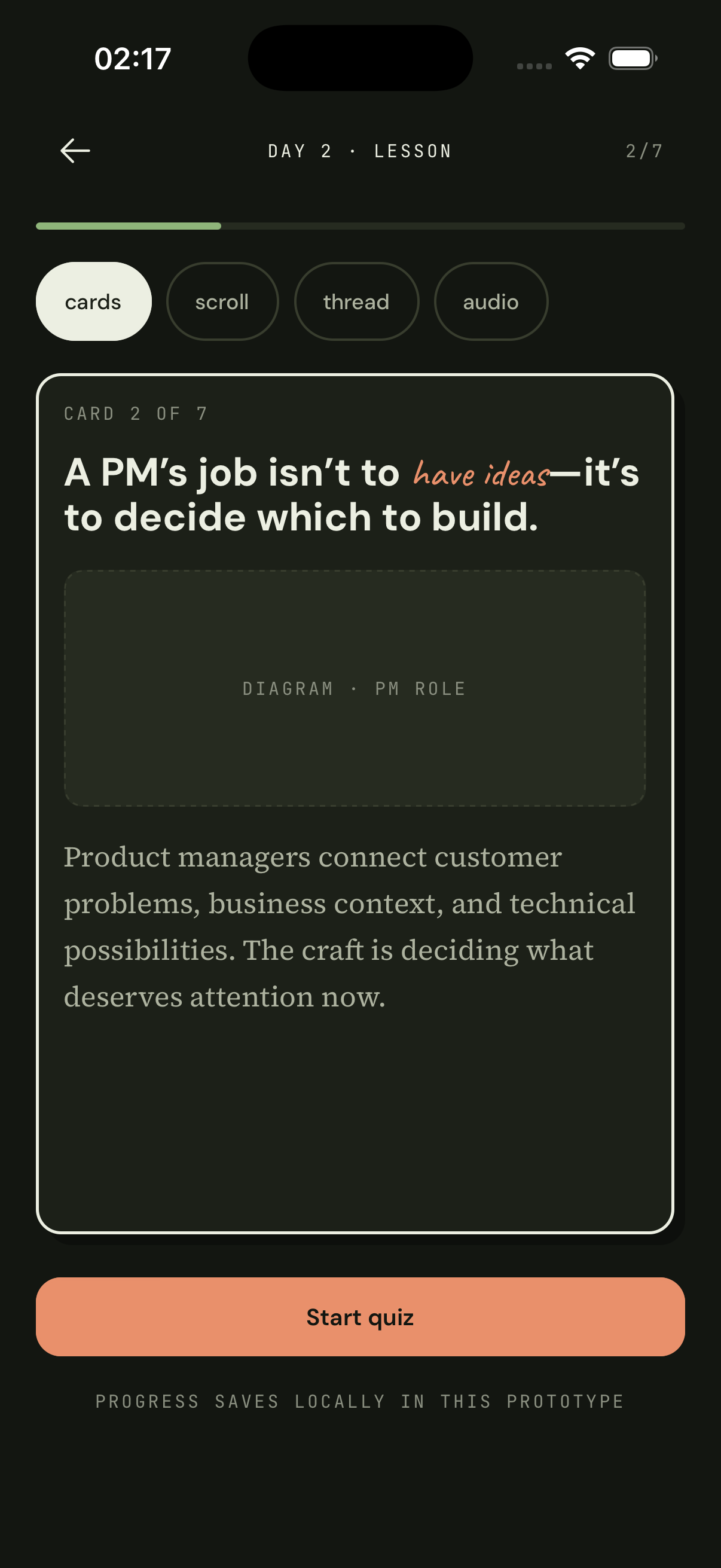 Question Avenue lesson screen showing a short product management lesson card.