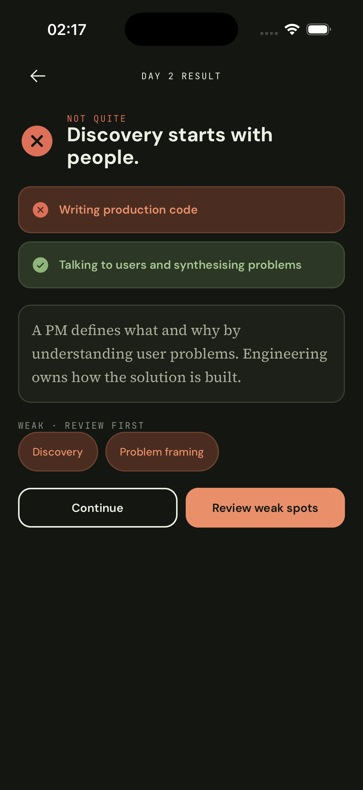 Question Avenue quiz feedback screen showing a result and suggested review areas.